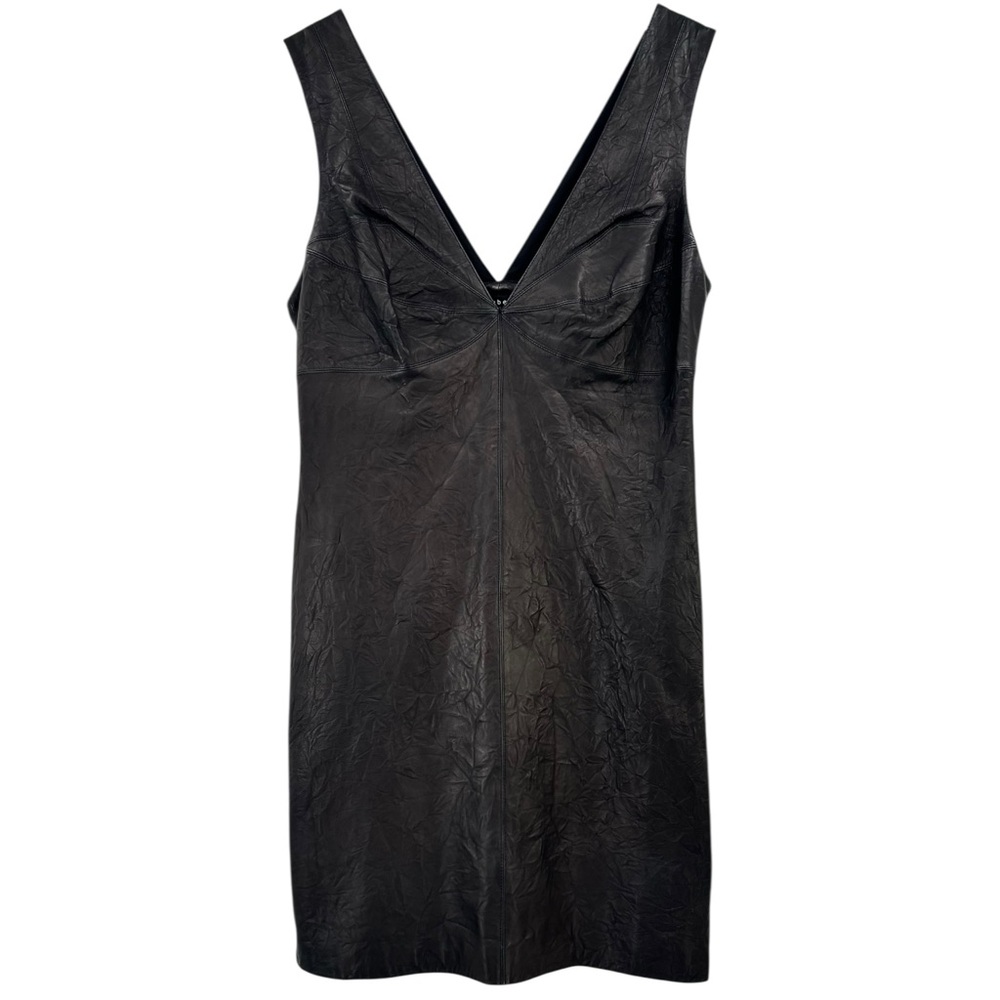 NWT Robert Rodriguez Black Crinkled Genuine Leather V-Neck Mini Dress sz 12